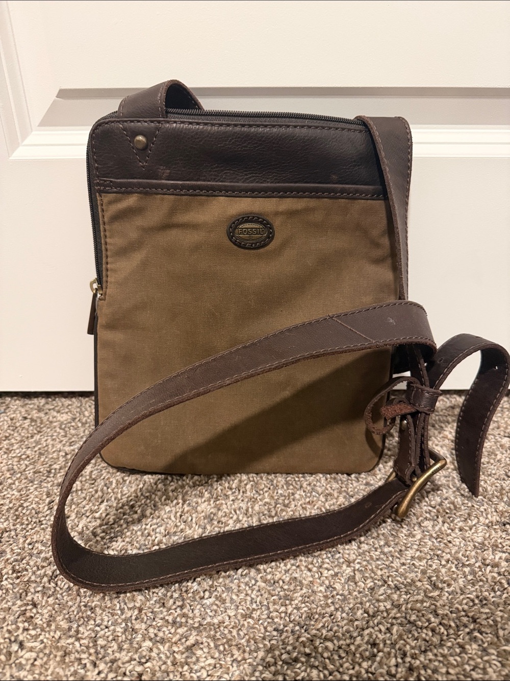Fossil Olive Canvas & Dark Brown Leather Messenger Crossbody